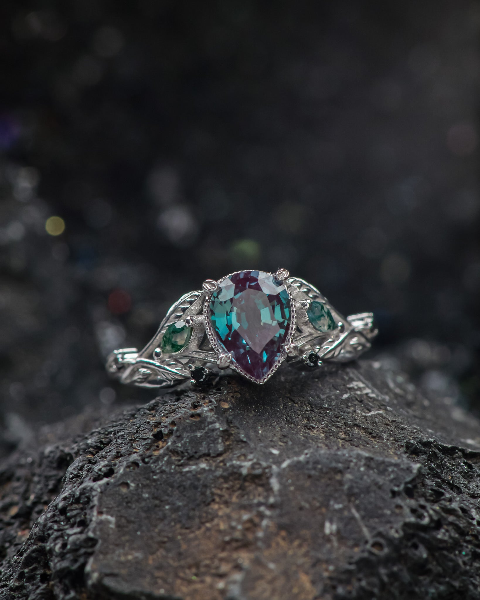 Alexandrite and accent moss agates engagement ring, gold branch ring with black diamonds / Patricia - Eden Garden Jewelry™