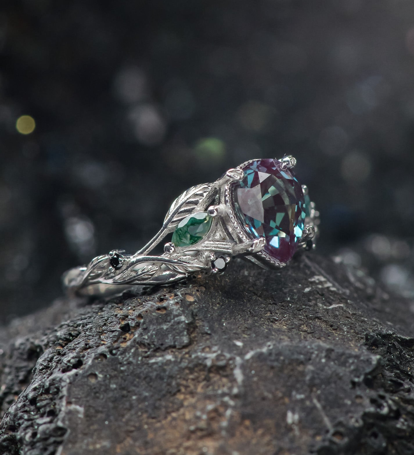 Alexandrite and accent moss agates engagement ring, gold branch ring with black diamonds / Patricia - Eden Garden Jewelry™