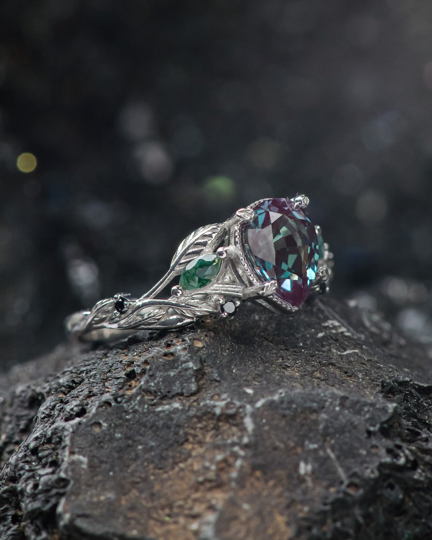 Alexandrite and accent moss agates engagement ring, gold branch ring with black diamonds / Patricia - Eden Garden Jewelry™