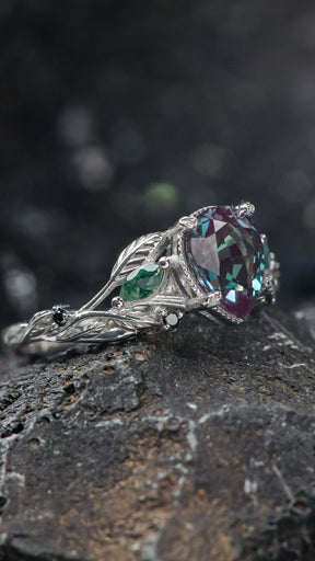 Alexandrite and accent moss agates engagement ring, gold branch ring with black diamonds / Patricia - Eden Garden Jewelry™