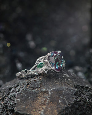 Alexandrite and accent moss agates engagement ring, gold branch ring with black diamonds / Patricia