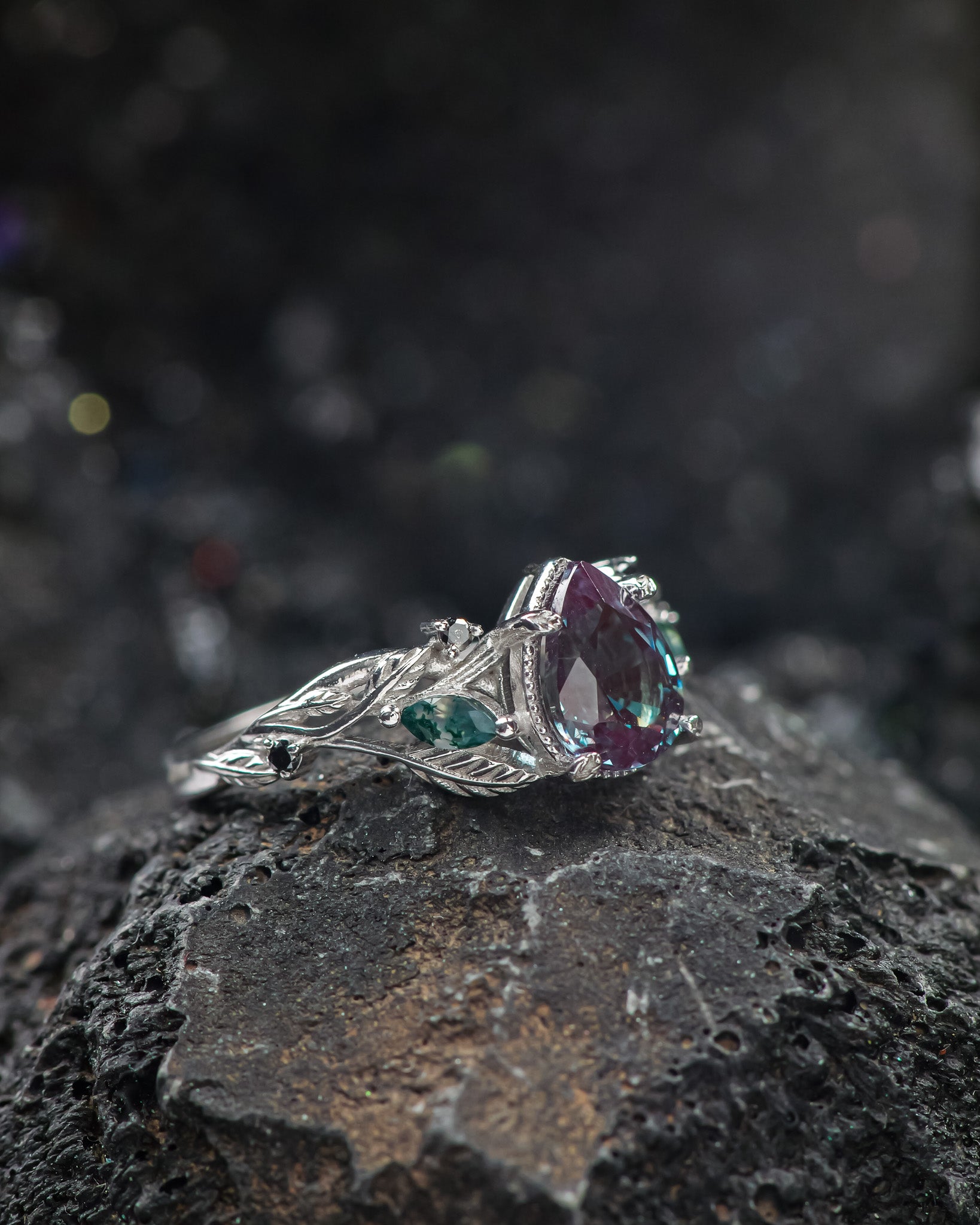 Alexandrite and accent moss agates engagement ring, gold branch ring with black diamonds / Patricia - Eden Garden Jewelry™