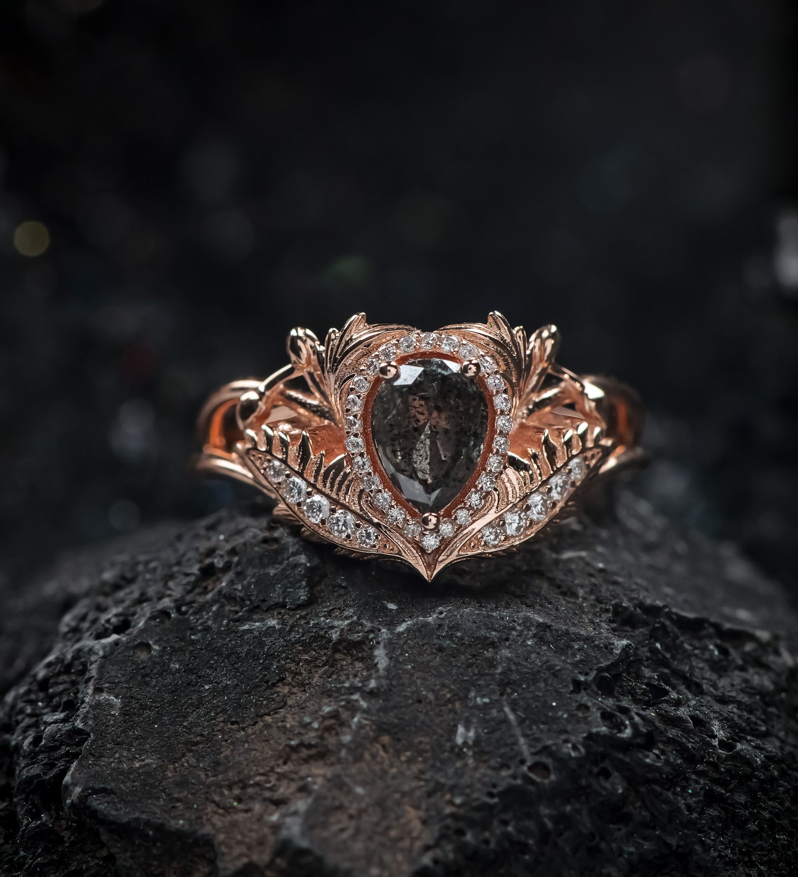 READY TO SHIP: Adonis in 14K rose gold, salt&pepper diamond 7x5 mm, lab diamonds, RING SIZE 5.5 - 8.5 US - Eden Garden Jewelry™