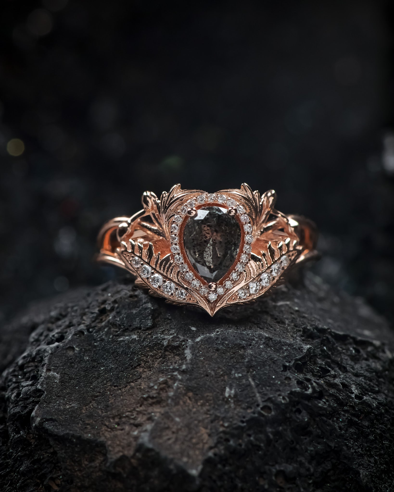 READY TO SHIP: Adonis in 14K rose gold, salt&pepper diamond 7x5 mm, lab diamonds, RING SIZE 5.5 - 8.5 US