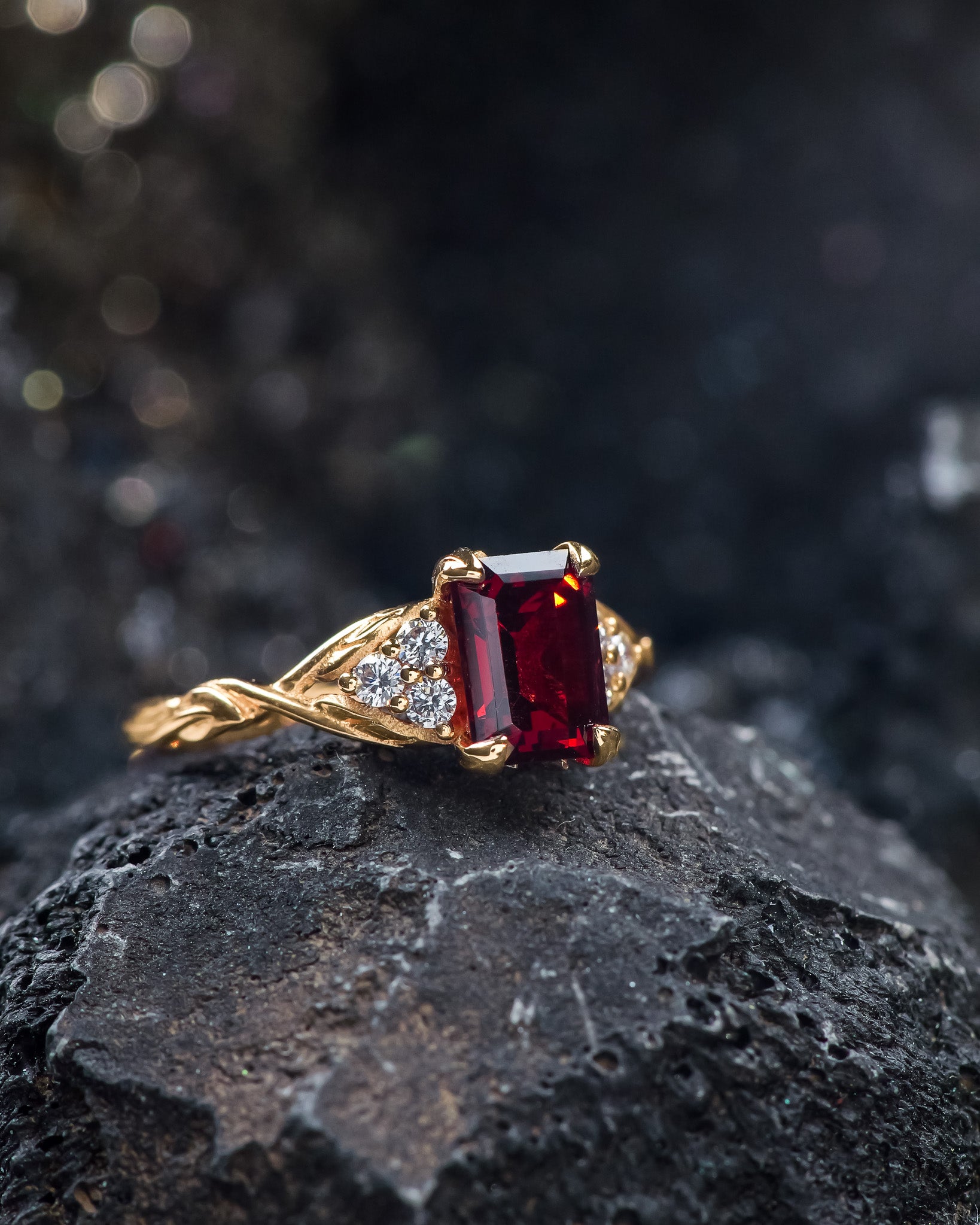 Natural garnet and diamonds engagement ring, emerald cut gemstone rose gold ring / Gloria - Eden Garden Jewelry™