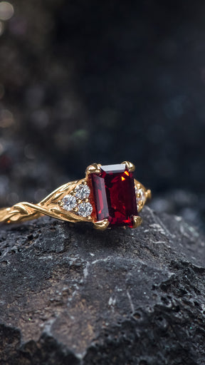 Natural garnet and diamonds engagement ring, emerald cut gemstone rose gold ring / Gloria - Eden Garden Jewelry™