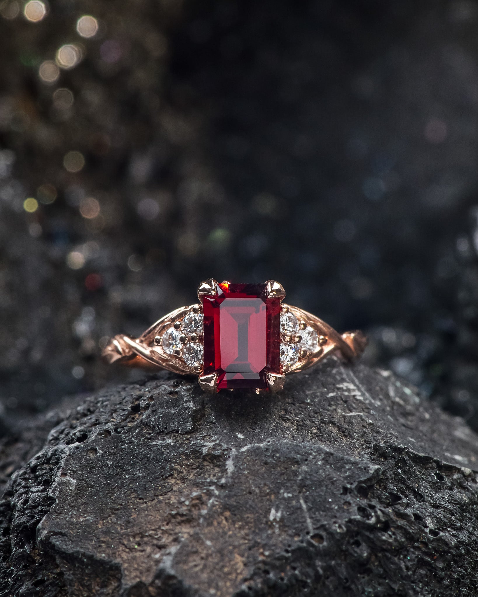 Natural garnet and diamonds engagement ring, emerald cut gemstone rose gold ring / Gloria - Eden Garden Jewelry™