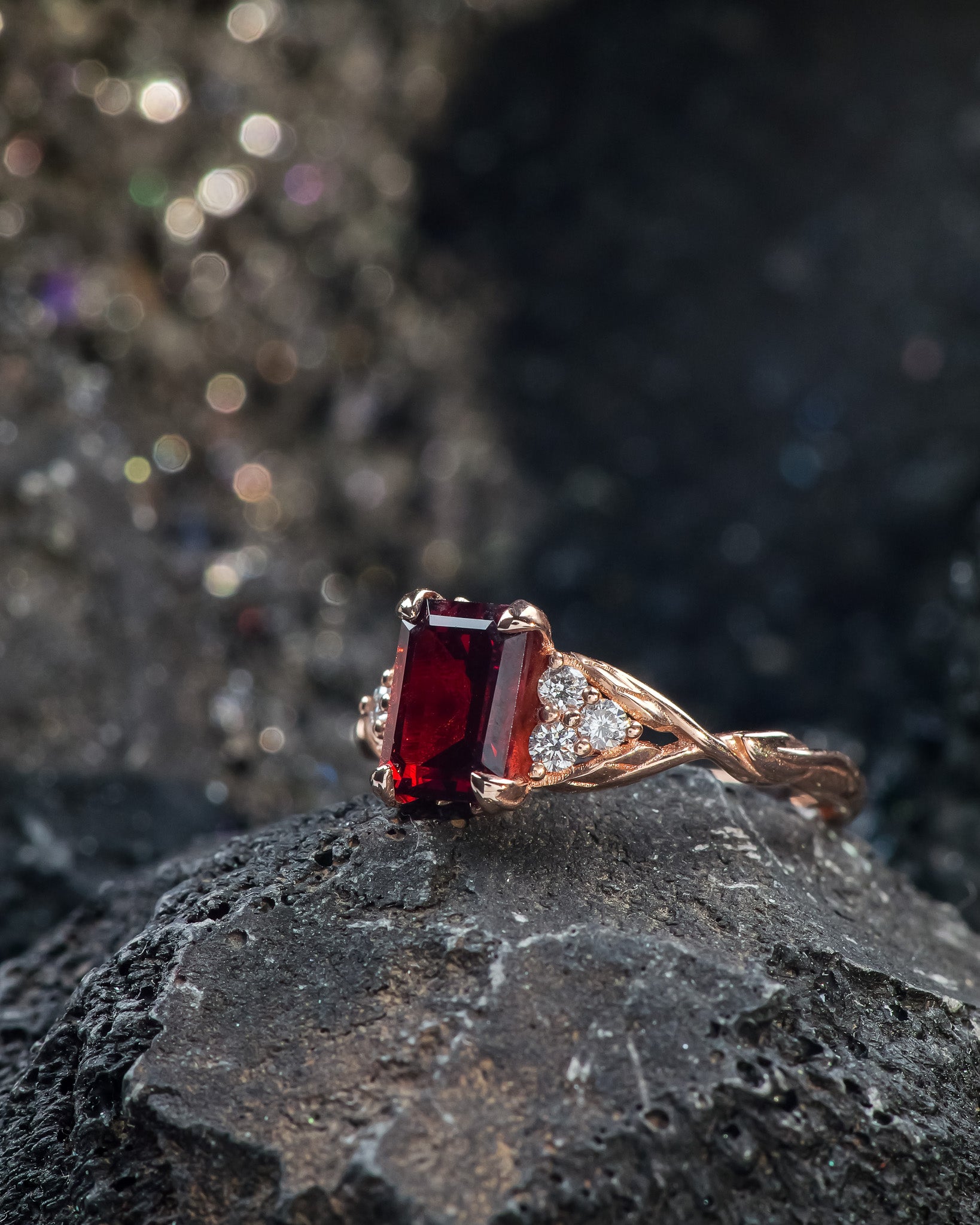 Natural garnet and diamonds engagement ring, emerald cut gemstone rose gold ring / Gloria - Eden Garden Jewelry™