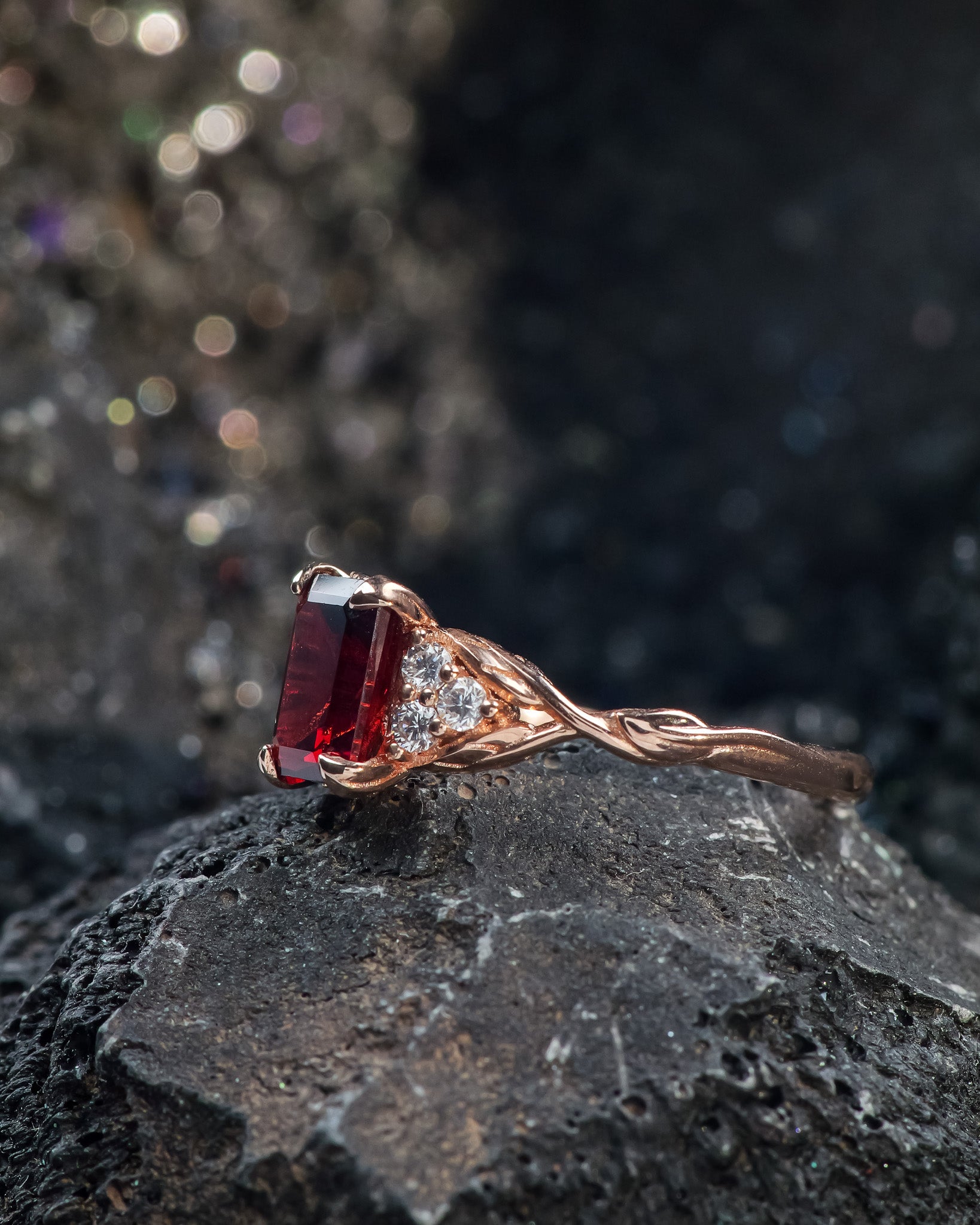 READY TO SHIP: Gloria ring in 14K rose gold, natural garnet emerald-cut 8x6 mm, accent lab diamonds, AVAILABLE RING SIZES: 5.5 - 8.5 US - Eden Garden Jewelry™