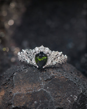 READY TO SHIP: Oak leaves bridal ring set with natural tourmaline, nature inspired wedding rings, AVAILABLE RING SIZES: 5.5 - 8.5 US