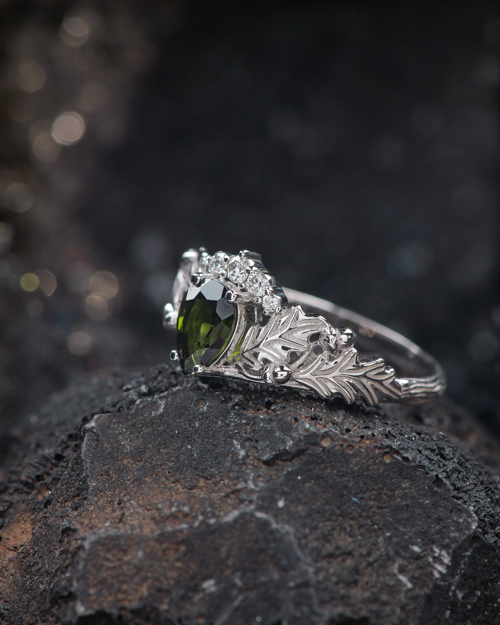 Natural tourmaline oak leaves engagement ring, nature inspired engagement ring / Royal Oak - Eden Garden Jewelry™