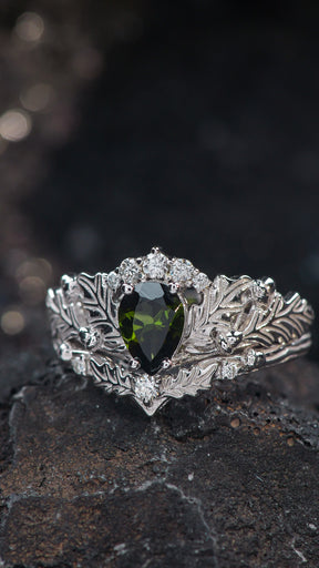 READY TO SHIP: Oak leaves bridal ring set with natural tourmaline, nature inspired wedding rings, AVAILABLE RING SIZES: 5.5 - 8.5 US - Eden Garden Jewelry™