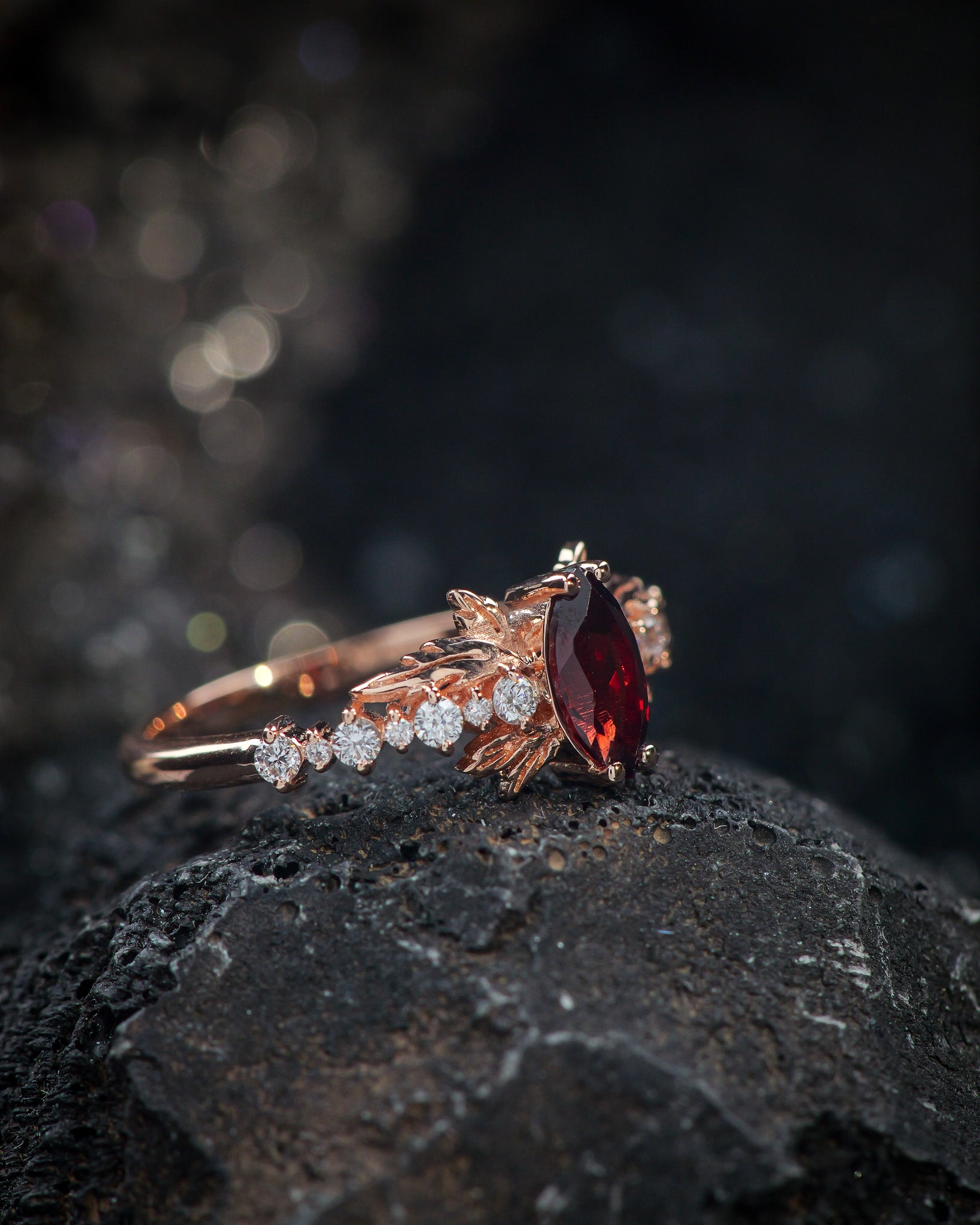 READY TO SHIP: Verbena ring in 14K rose gold, natural garnet marquise cut 8x4 mm, accents lab grown diamonds, RING SIZE: 5.5 - 8.5 US - Eden Garden Jewelry™
