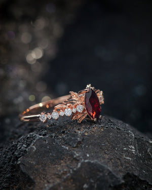 READY TO SHIP: Verbena ring in 14K rose gold, natural garnet marquise cut 8x4 mm, accents lab grown diamonds, RING SIZE: 5.5 - 8.5 US