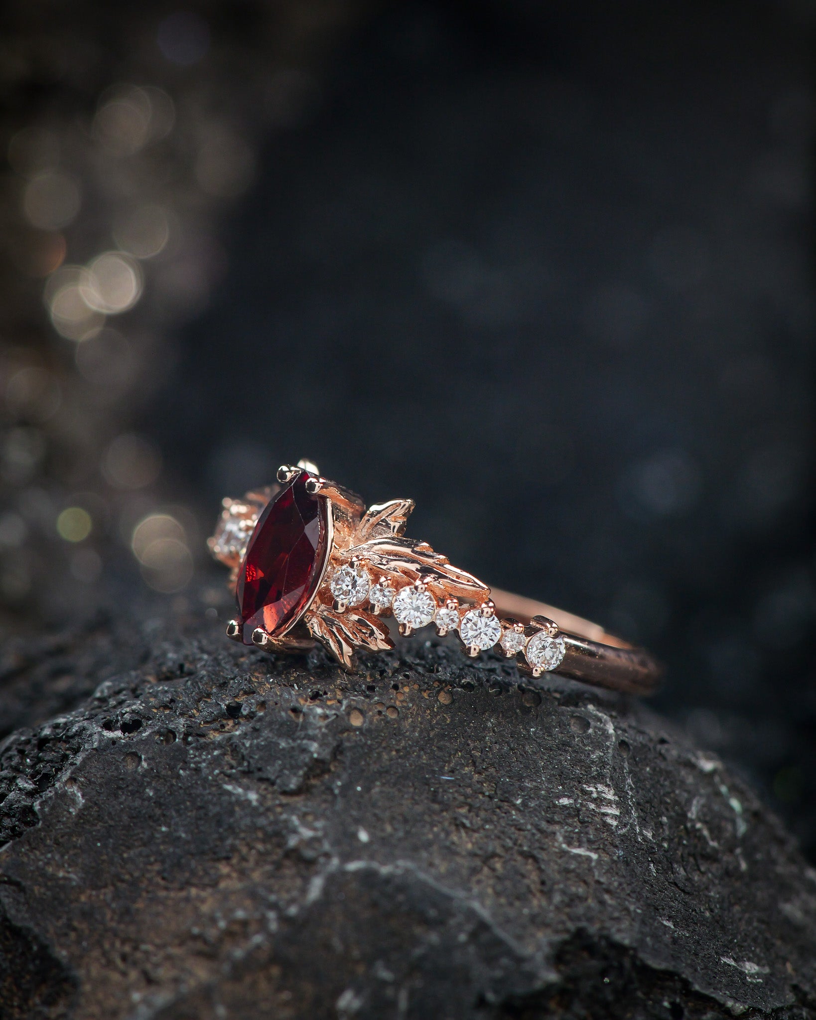 READY TO SHIP: Verbena ring in 14K rose gold, natural garnet marquise cut 8x4 mm, accents lab grown diamonds, RING SIZE: 5.5 - 8.5 US - Eden Garden Jewelry™
