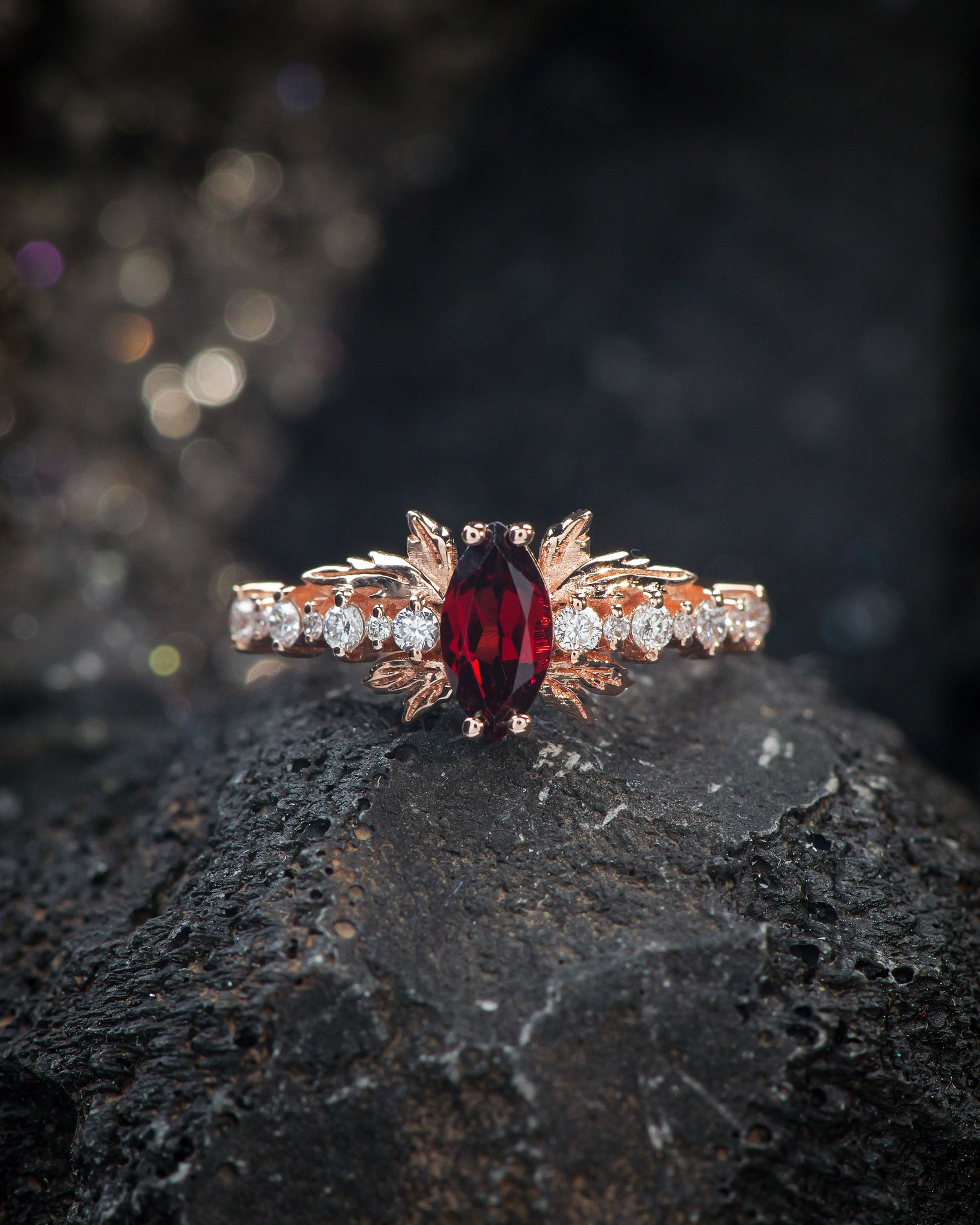 READY TO SHIP: Verbena ring in 14K rose gold, natural garnet marquise cut 8x4 mm, accents lab grown diamonds, RING SIZE: 5.5 - 8.5 US - Eden Garden Jewelry™