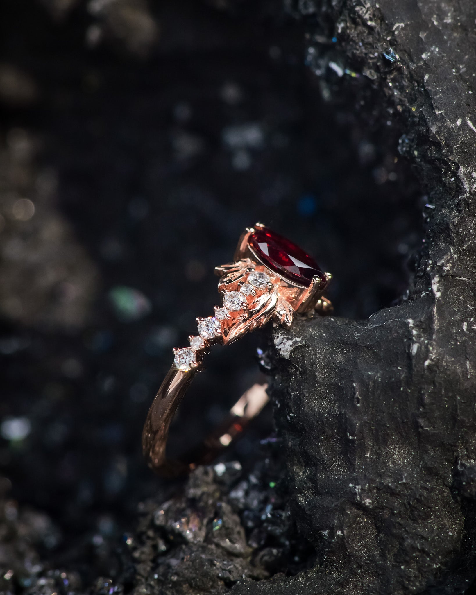 READY TO SHIP: Verbena ring in 14K rose gold, natural garnet marquise cut 8x4 mm, accents lab grown diamonds, RING SIZE: 5.5 - 8.5 US