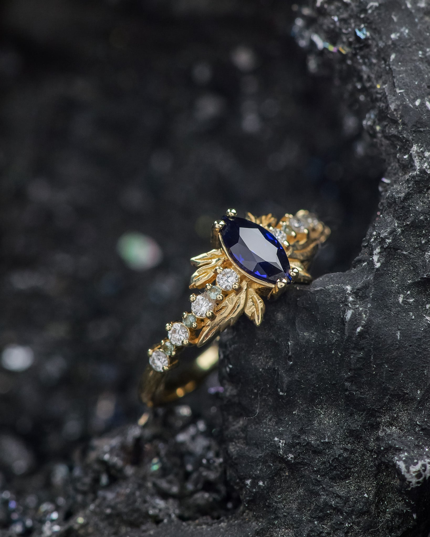 READY TO SHIP: Verbena ring in 14K yellow gold, lab blue sapphire marquise cut 8x4 mm, accent lab grown diamonds & lab blue sapphires, RING SIZE: 5.75 - 8.75 US - Eden Garden Jewelry™