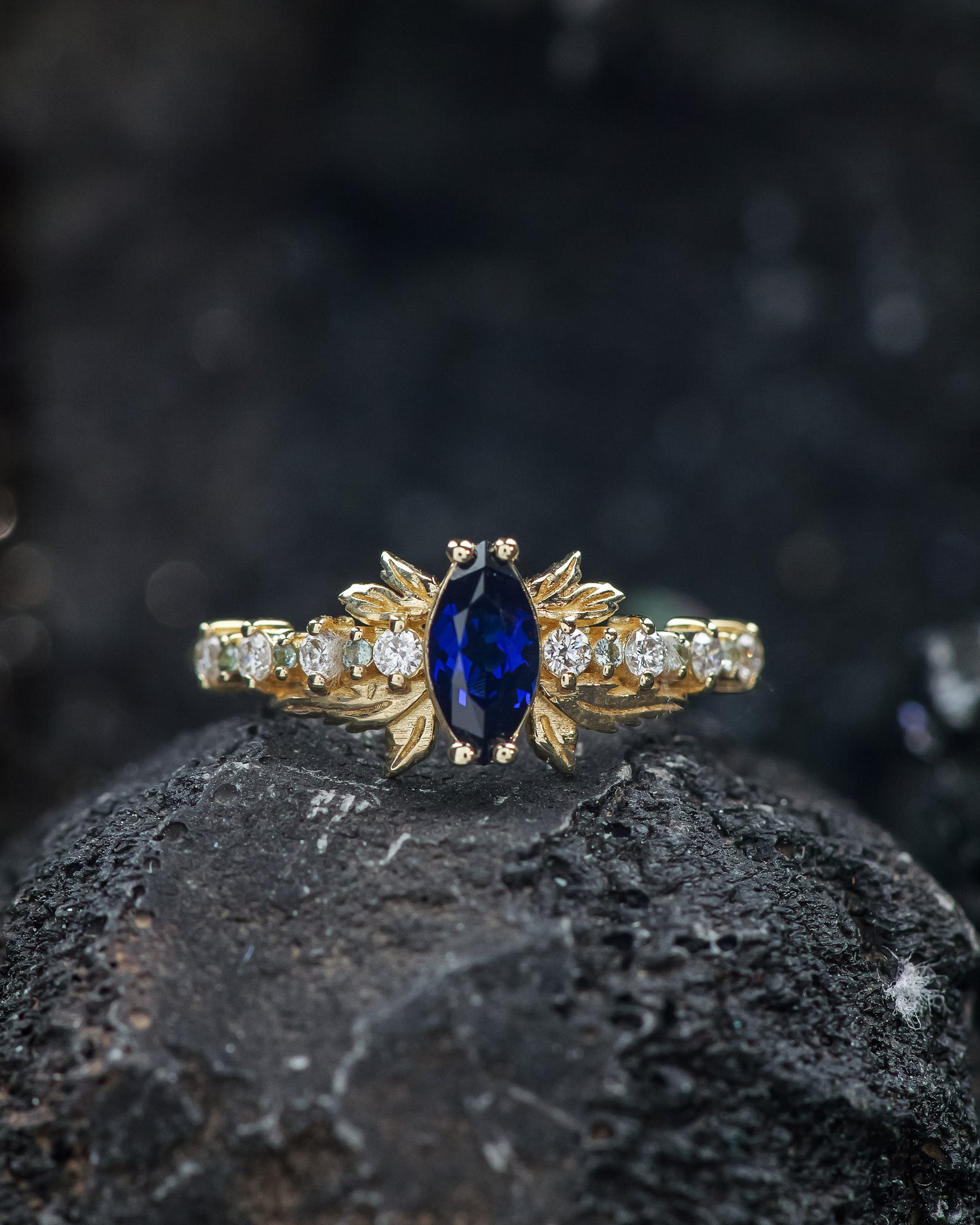 READY TO SHIP: Verbena ring in 14K yellow gold, lab blue sapphire marquise cut 8x4 mm, accent lab grown diamonds & lab blue sapphires, RING SIZE: 5.75 - 8.75 US