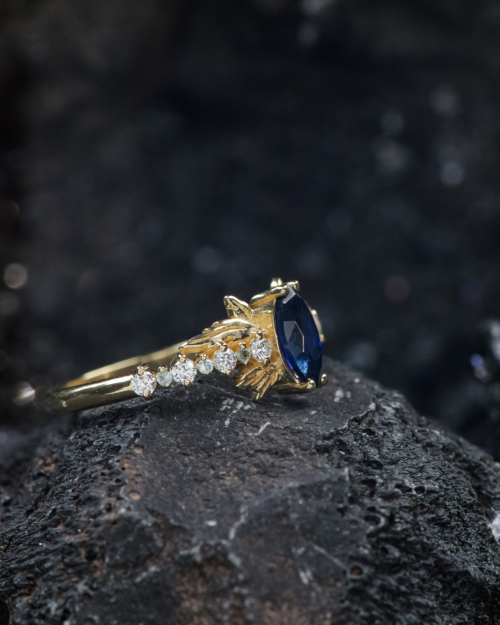 READY TO SHIP: Verbena ring in 14K yellow gold, lab blue sapphire marquise cut 8x4 mm, accent lab grown diamonds & lab blue sapphires, RING SIZE: 5.75 - 8.75 US