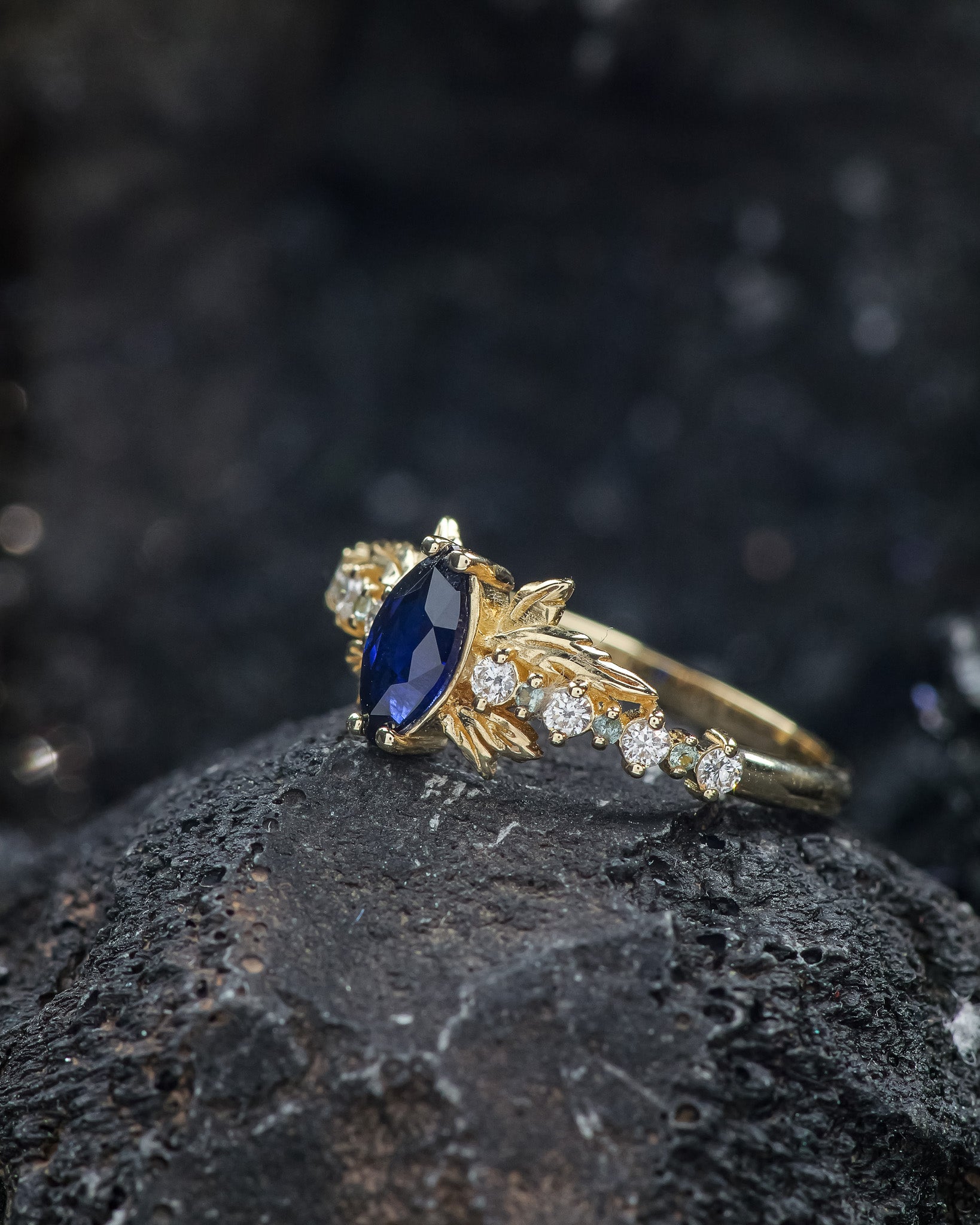 READY TO SHIP: Verbena ring in 14K yellow gold, lab blue sapphire marquise cut 8x4 mm, accent lab grown diamonds & lab blue sapphires, RING SIZE: 5.75 - 8.75 US