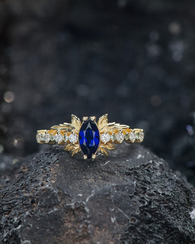 READY TO SHIP: Verbena ring in 14K yellow gold, lab blue sapphire marquise cut 8x4 mm, accent lab grown diamonds & lab blue sapphires, RING SIZE: 5.75 - 8.75 US - Eden Garden Jewelry™