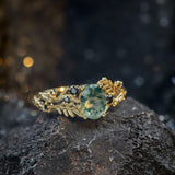 Moss agate engagement ring, gold oak leaves and black diamonds proposal ring / Silviya