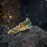 Moss agate engagement ring, gold oak leaves and black diamonds proposal ring / Silviya