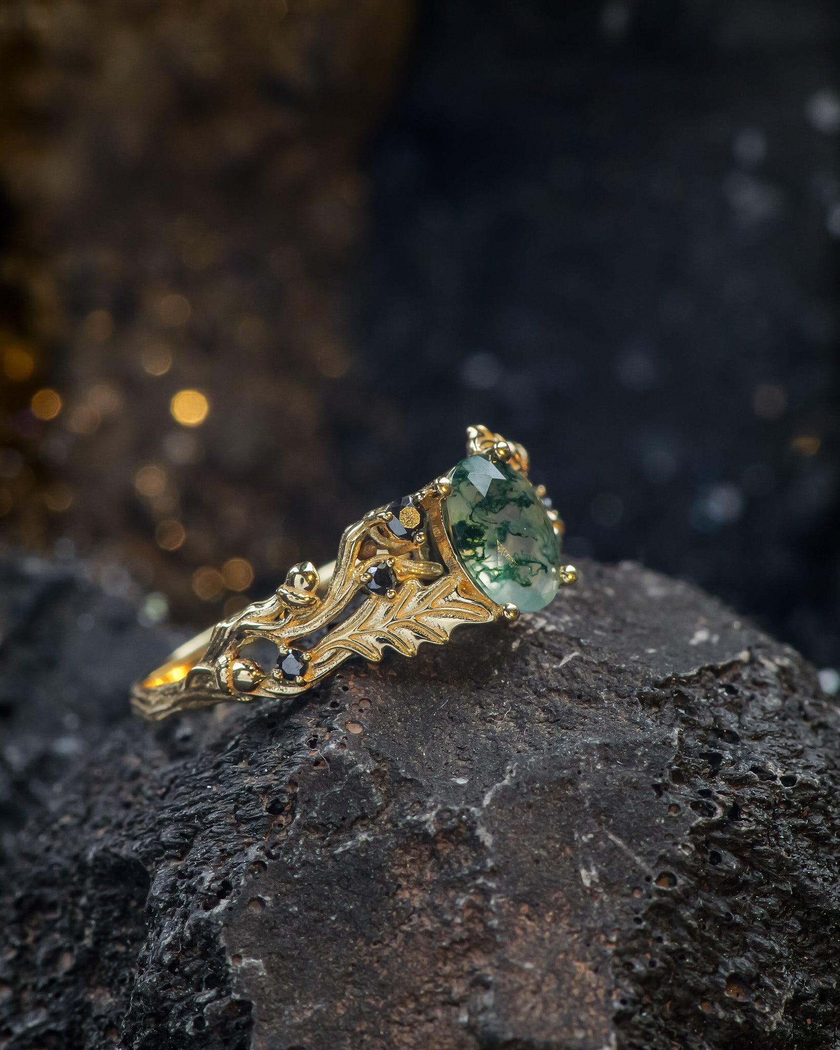 Moss agate engagement ring, gold oak leaves and black diamonds proposal ring / Silviya