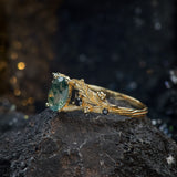 Moss agate engagement ring, gold oak leaves and black diamonds proposal ring / Silviya