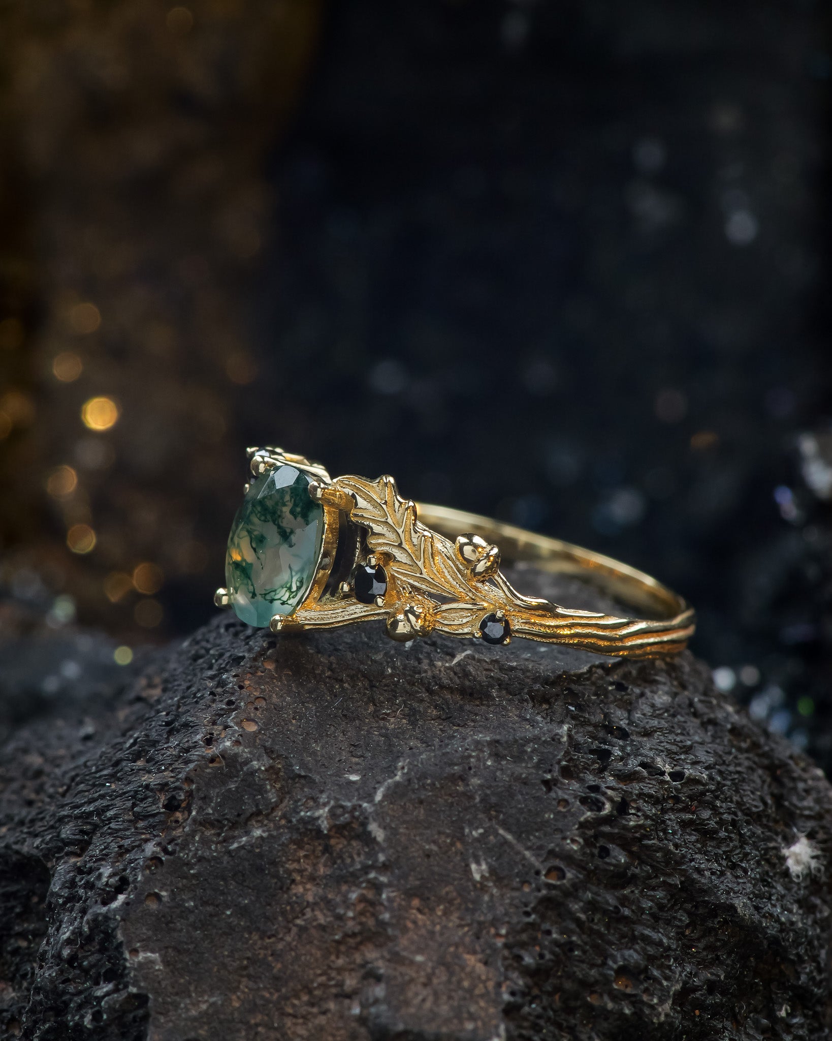 Moss agate engagement ring, gold oak leaves and black diamonds proposal ring / Silviya