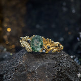 Moss agate engagement ring, gold oak leaves and black diamonds proposal ring / Silviya