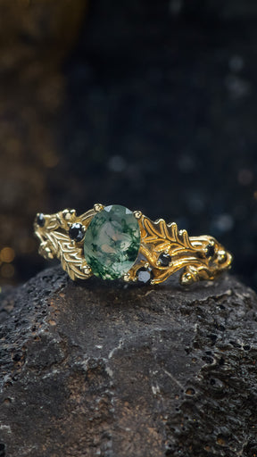 Moss agate engagement ring, gold oak leaves and black diamonds proposal ring / Silviya - Eden Garden Jewelry™