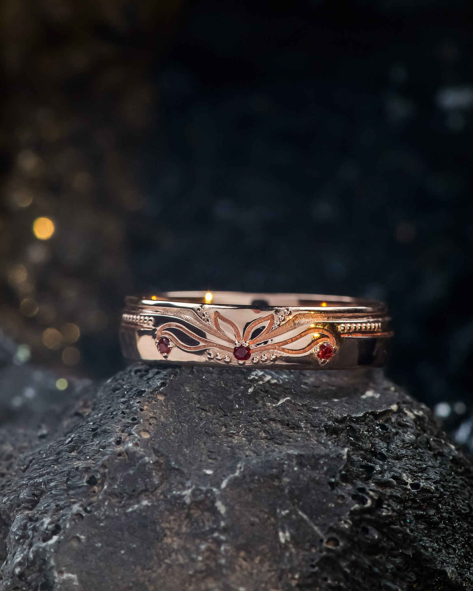Unique nature-inspired wedding band with garnets, matching wedding ring / Lida - Eden Garden Jewelry™