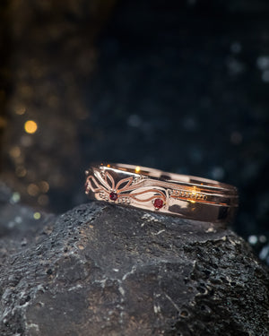 READY TO SHIP: Nature themed wedding band in 14K rose gold with accent garnets, RING SIZE 9 US