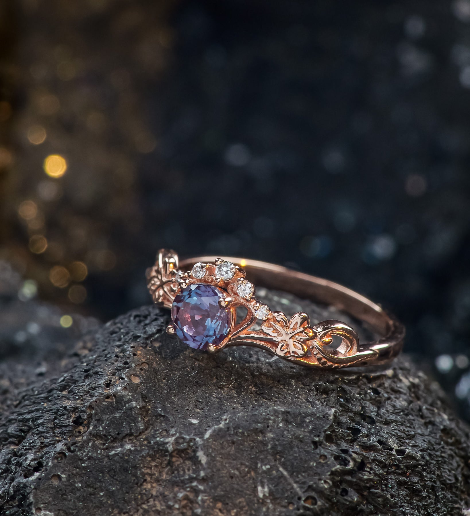Colour Changing Alexandrite Ring Elvish Engagement Ring Leaf