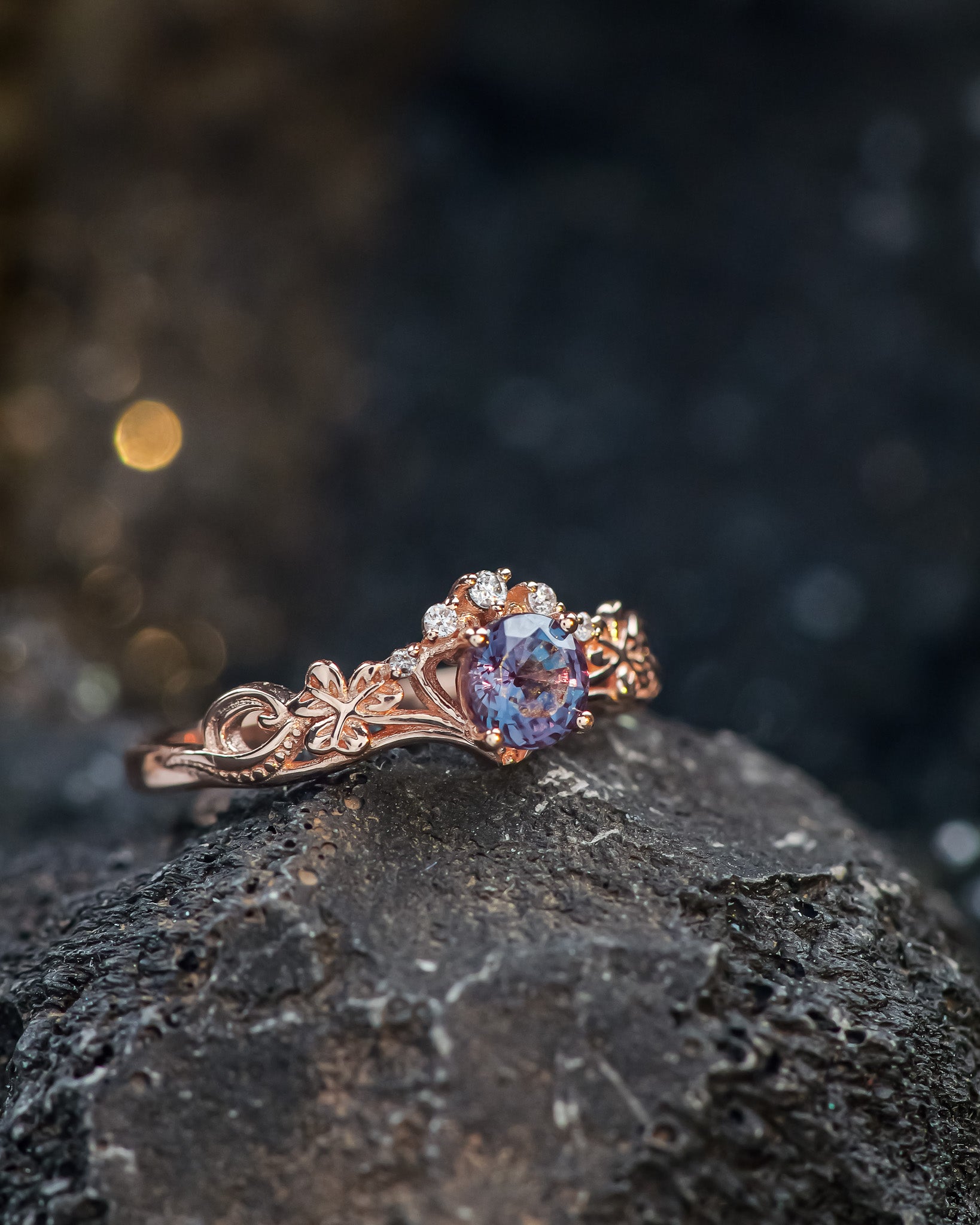 READY TO SHIP: Horta engagement ring with lab alexandrite and lab diamonds, 14K rose gold, RING SIZES: 5.5 - 8.5 US