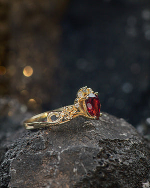 READY TO SHIP: Horta engagement ring with natural garnet and lab diamonds, 14K yellow gold, RING SIZES: 5.5 - 8.5 US