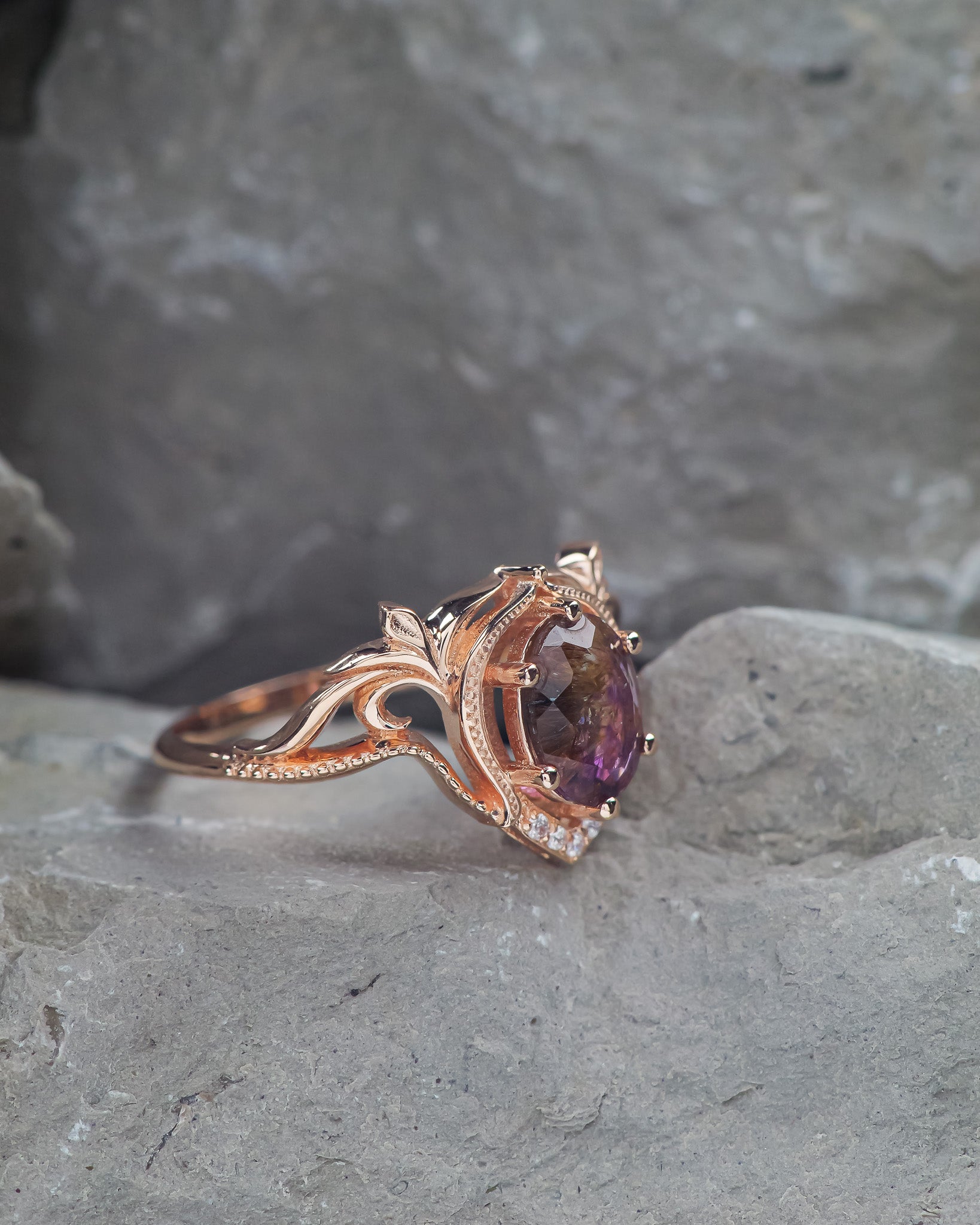 READY TO SHIP: Lida ring with melody quartz and diamonds, 14K rose gold, RING SIZES: 5.5 - 8.5 US - Eden Garden Jewelry™