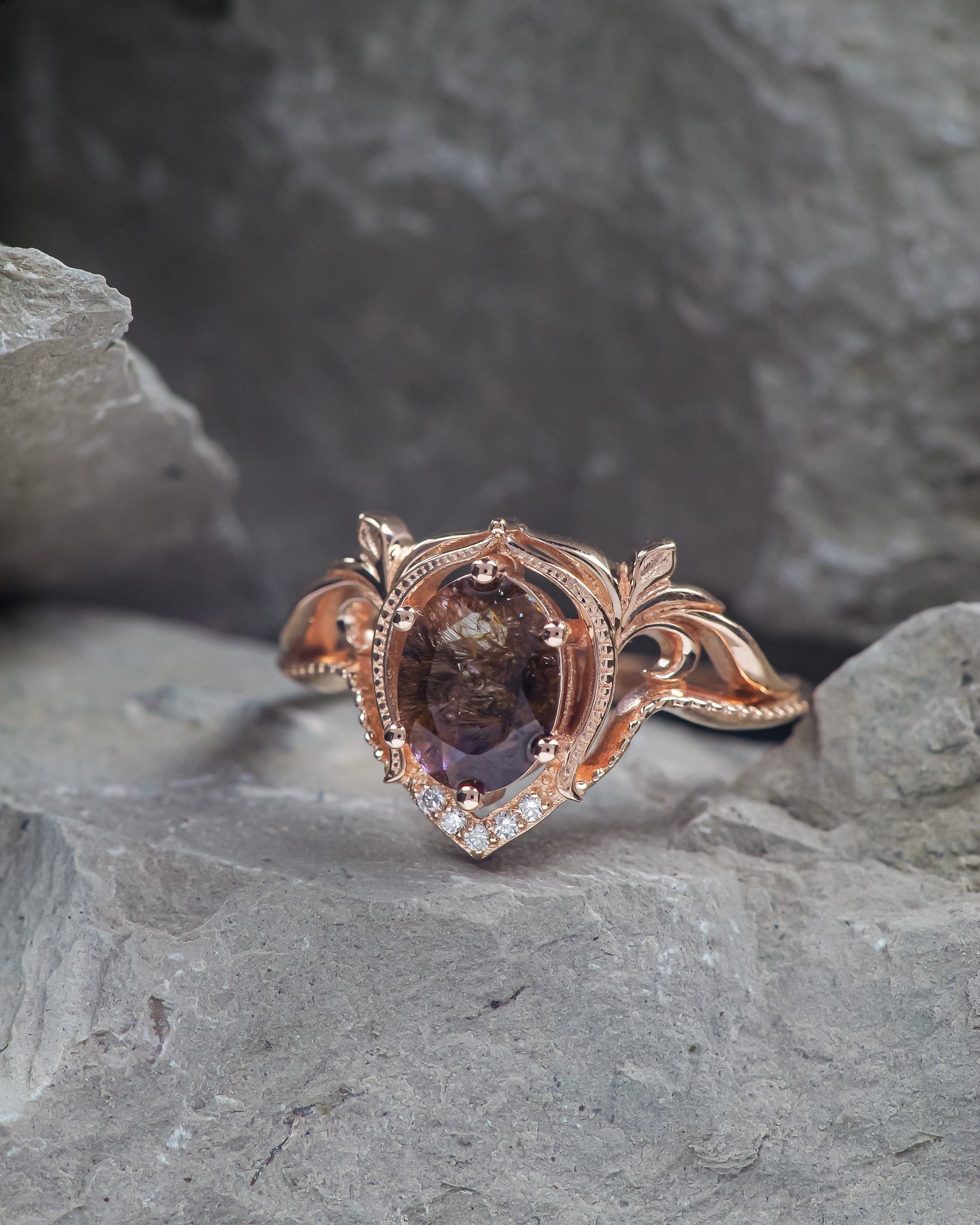 READY TO SHIP: Lida ring with melody quartz and diamonds, 14K rose gold, RING SIZES: 5.5 - 8.5 US - Eden Garden Jewelry™