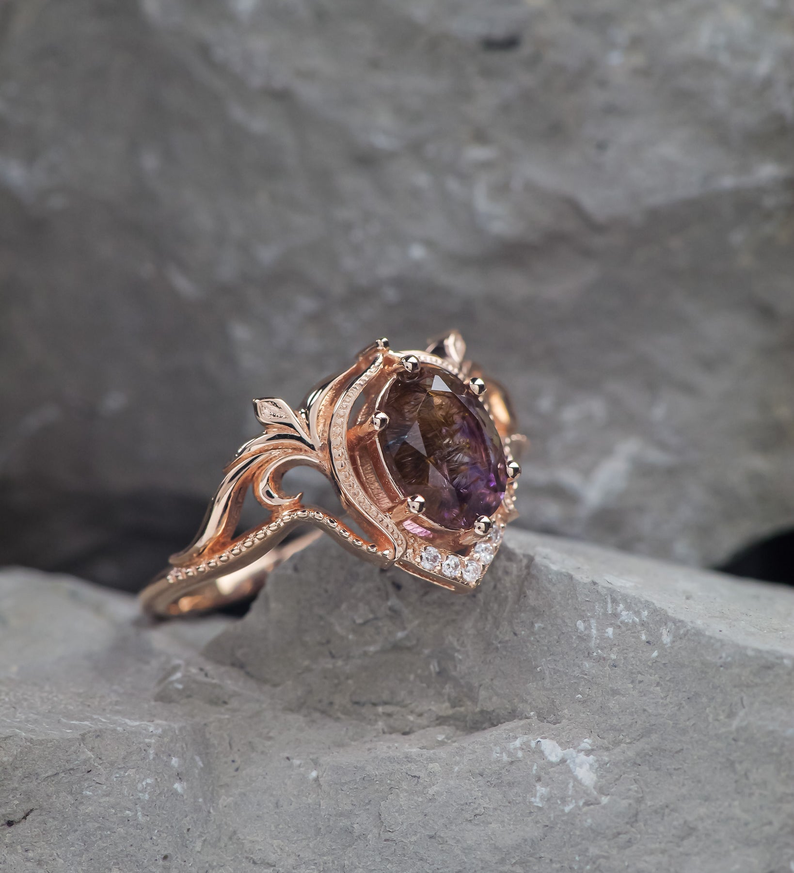 READY TO SHIP: Lida ring with melody quartz and diamonds, 14K rose gold, RING SIZES: 5.5 - 8.5 US - Eden Garden Jewelry™