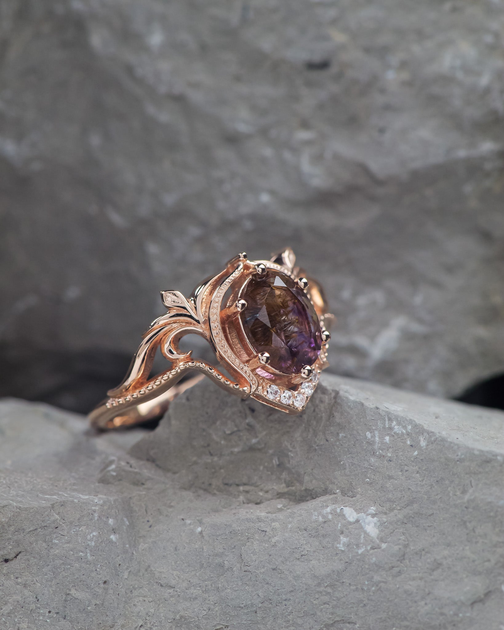 READY TO SHIP: Lida ring with melody quartz and diamonds, 14K rose gold, RING SIZES: 5.5 - 8.5 US - Eden Garden Jewelry™
