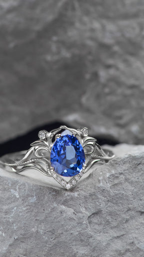 READY TO SHIP: Lida engagement ring with vivid lab sapphire, 14K white gold, RING SIZES: 5.5 - 8.5 US - Eden Garden Jewelry™