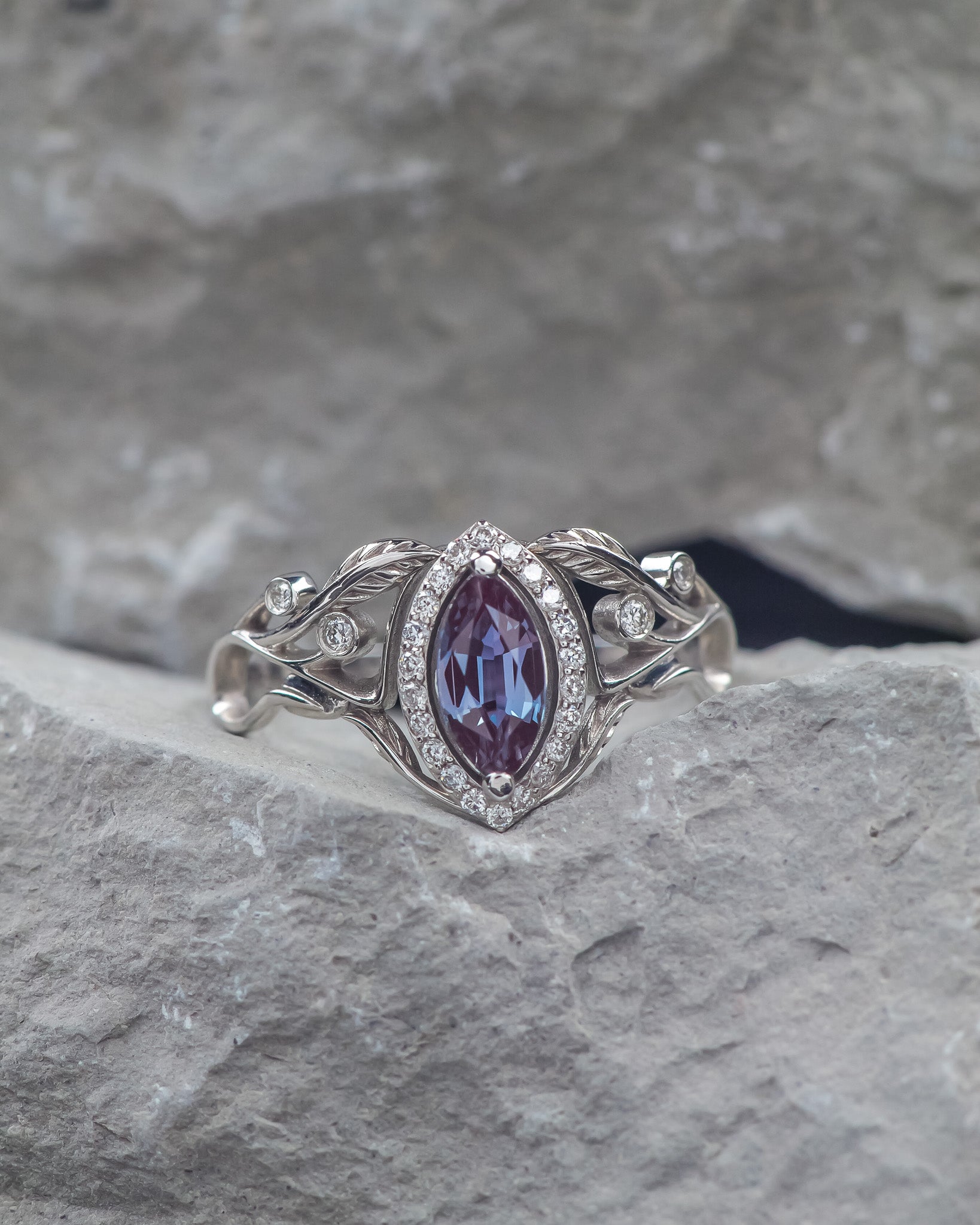 Lab alexandrite marquise ring, diamond halo engagement ring / Callisto - Eden Garden Jewelry™