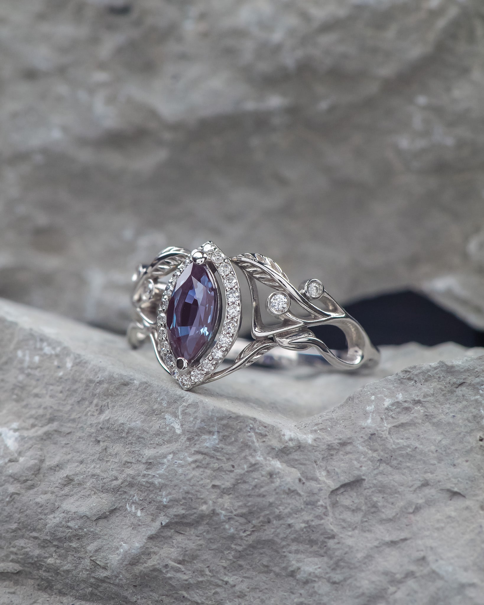 Lab alexandrite marquise ring, diamond halo engagement ring / Callisto - Eden Garden Jewelry™