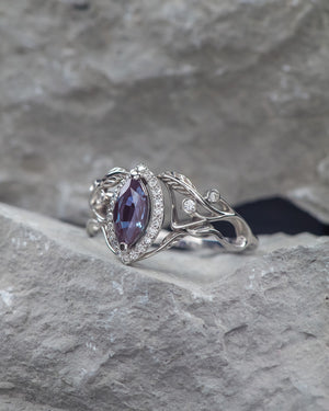 Lab alexandrite marquise ring, diamond halo engagement ring / Callisto