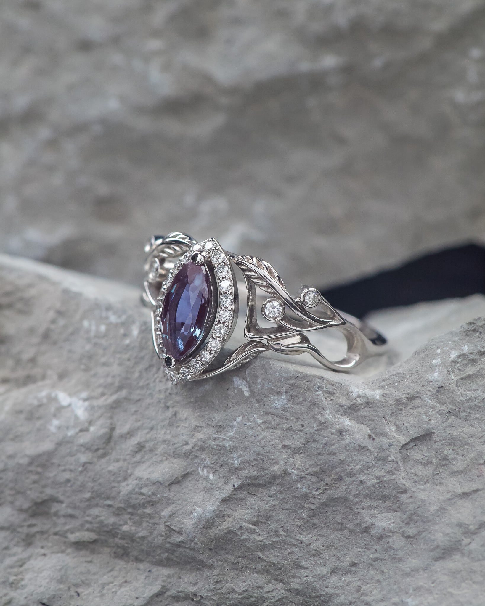Lab alexandrite marquise ring, diamond halo engagement ring / Callisto - Eden Garden Jewelry™