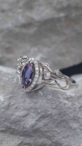 Lab alexandrite marquise ring, diamond halo engagement ring / Callisto - Eden Garden Jewelry™