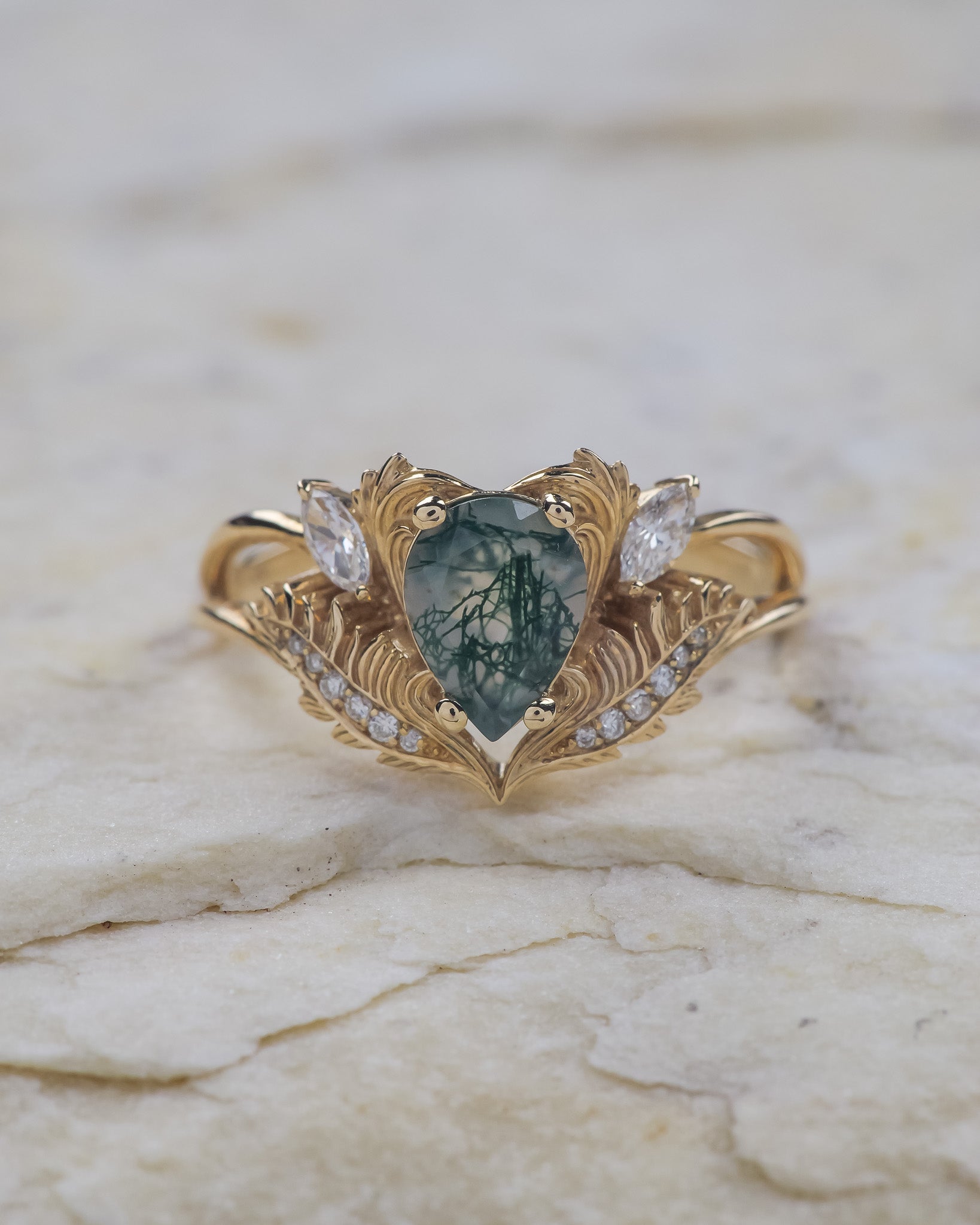One-of-a-kind moss agate engagement ring, elvish ring with diamonds / Adonis - Eden Garden Jewelry™