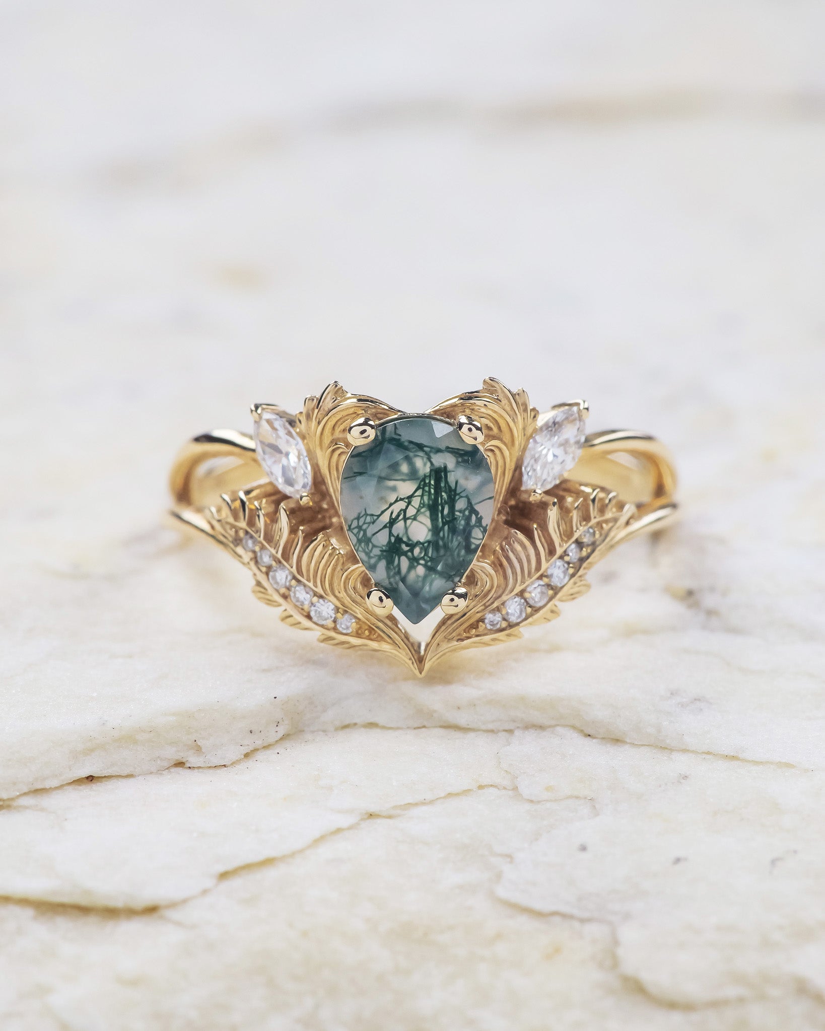 Natural moss agate engagement ring, gold fantasy ring with diamonds / Adonis - Eden Garden Jewelry™